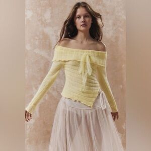 Urban Outfitters Kimchi Blue Off shoulder yellow chiffon bow sweater